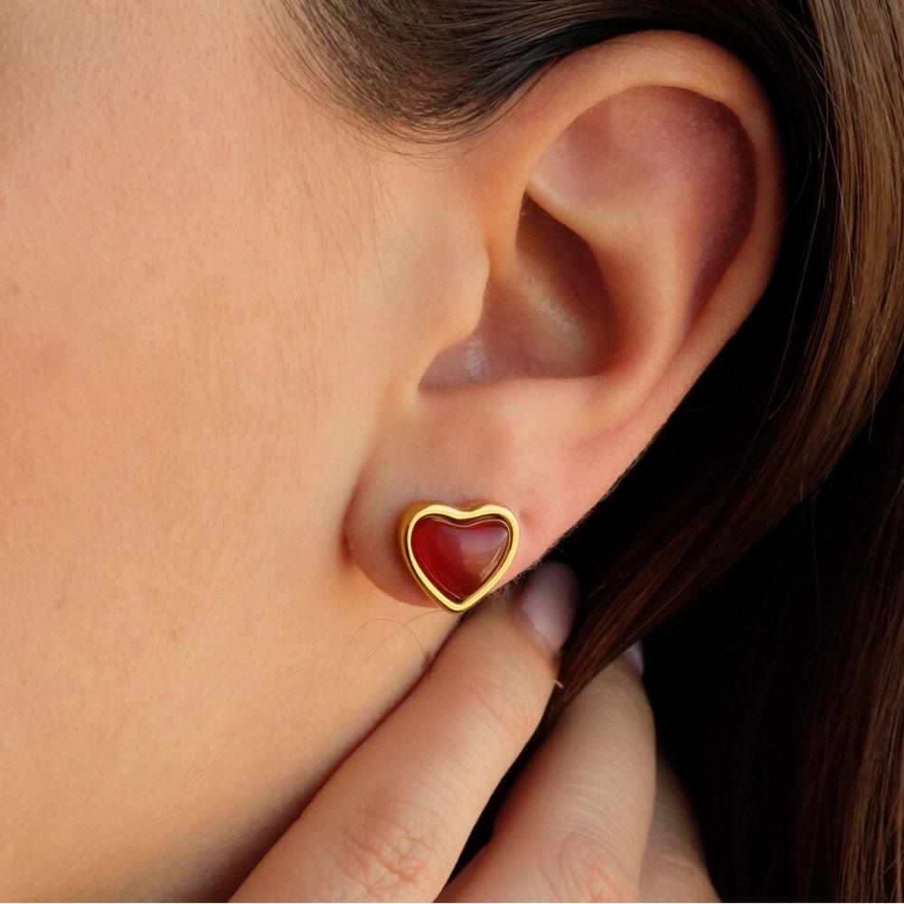 ◾️18k Gold Plated Red Agate Stone Heart Pendant Earrings